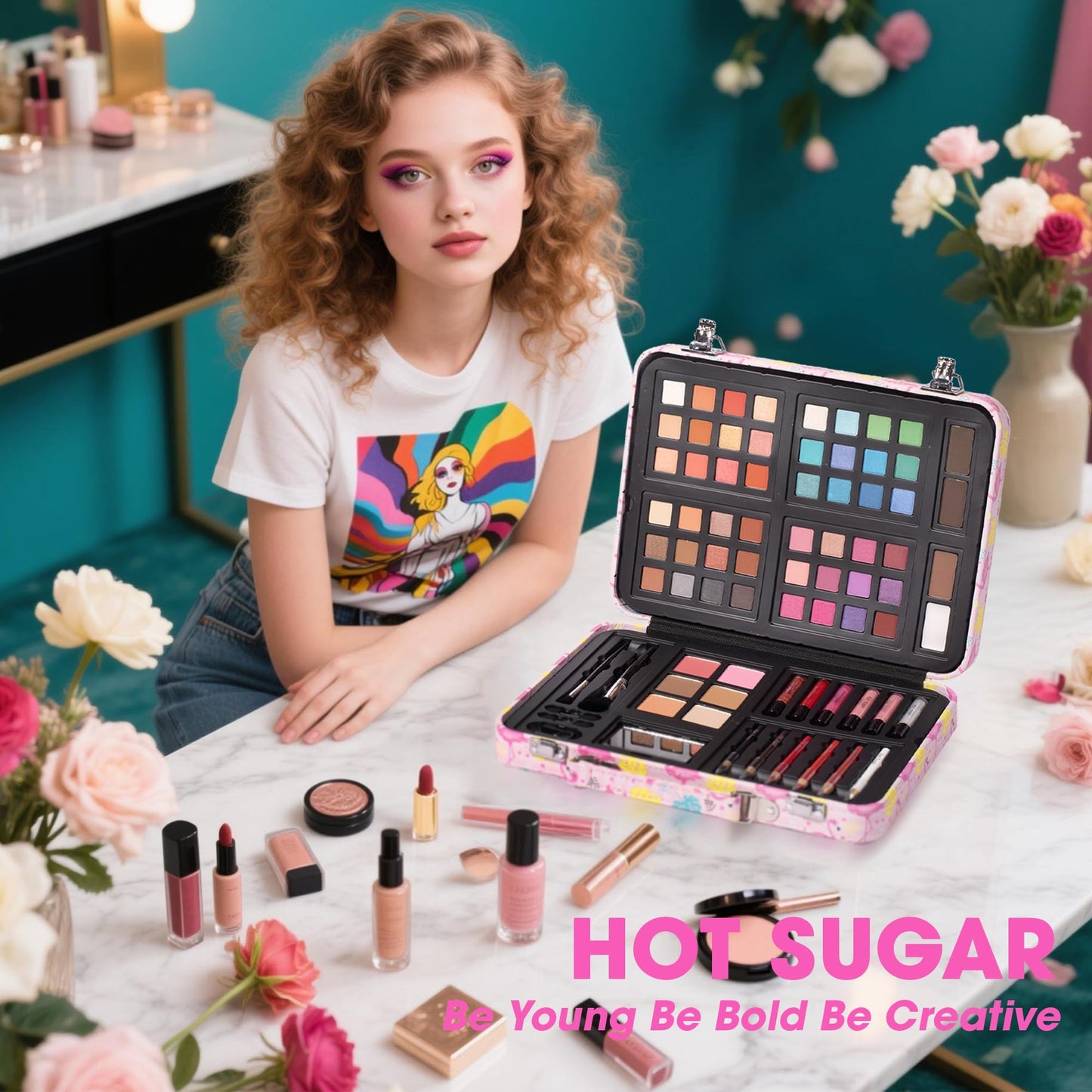 Hot Sugar Makeup Kit for Teenager Girls 13-15, All in One Beginner Makeup Kit for Women Full Kit, Teen Cosmetic Gift Set for Birthday Christmas (Flamingo)