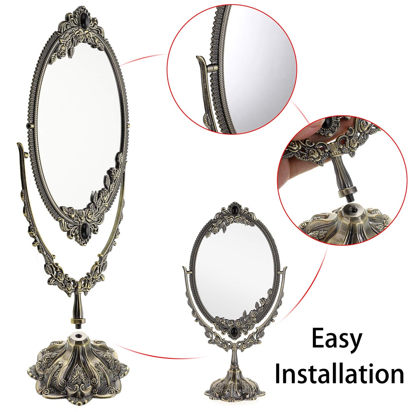 JUXYES Metal Tabletop Antique Decorative Makeup Mirror with Stand