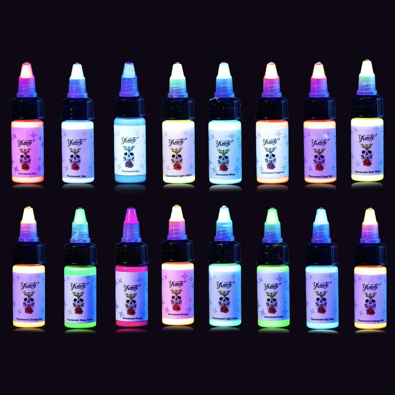 Ybeauty 16 Color Tattoo Ink Set - 16pcs 15ml/Bottle Professional Tattoo Fluorescent Ink & Equipment for Halloween Supplies