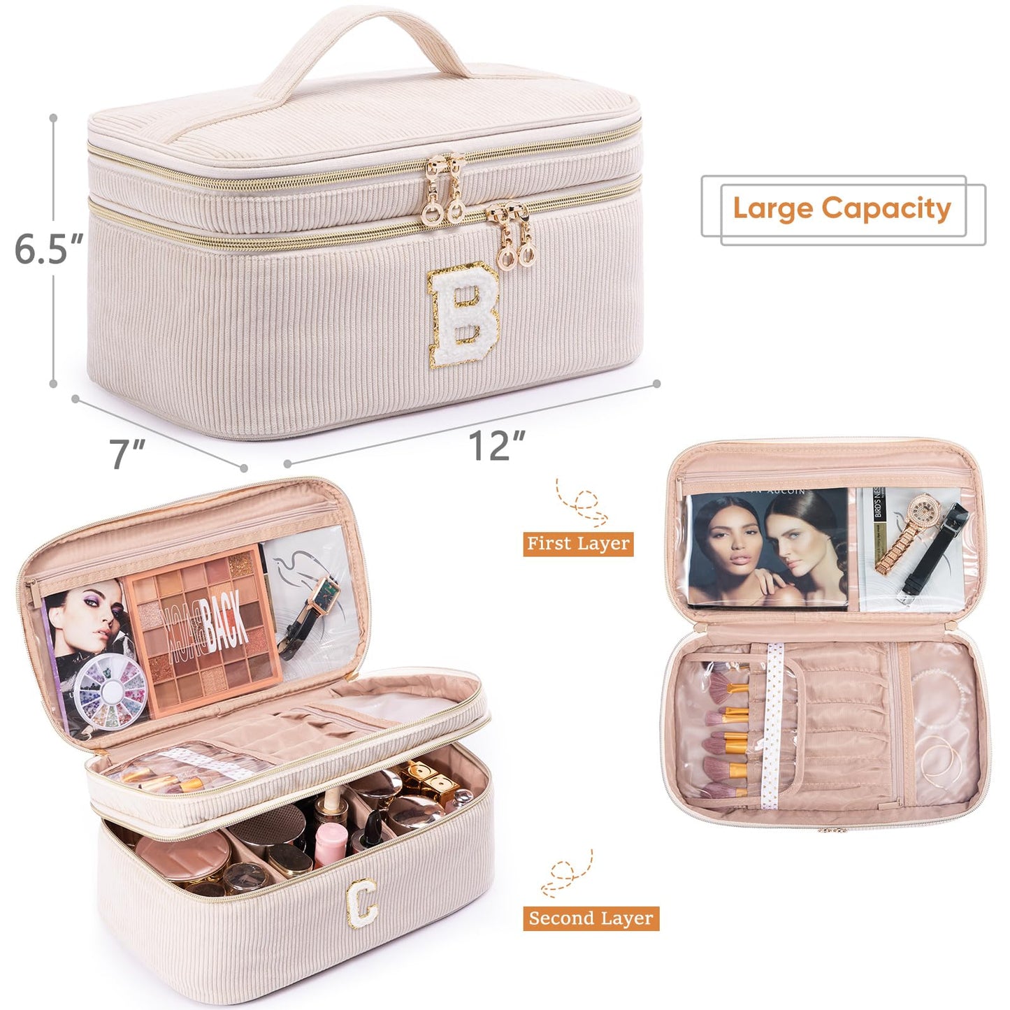 AMOIGEE Large Makeup Bag, Travel Makeup Bag Organizer, Double Layer Train Case Makeup Bag, Toiletry Bag for Makeup Brushes, Full Size Bottles, Palettes Sponge, Cosmetic Organizer