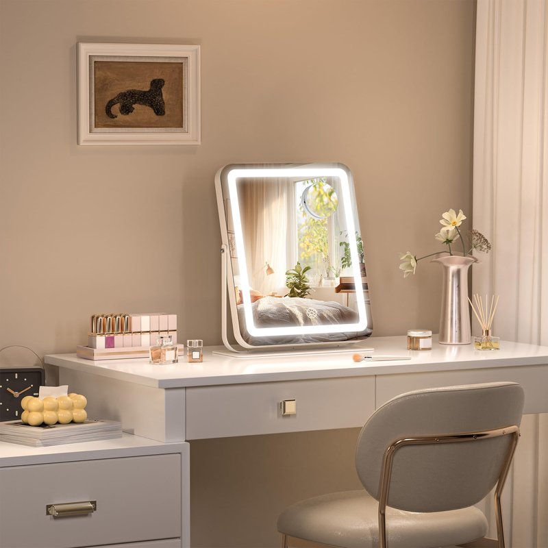 Hasipu Makeup Vanity Mirror with Lights, 12" L x 14" W LED Tabletop Make up Mirror for Desk, Lighting & Brightness Adjustment, 360°Rotation, 10x Magnification