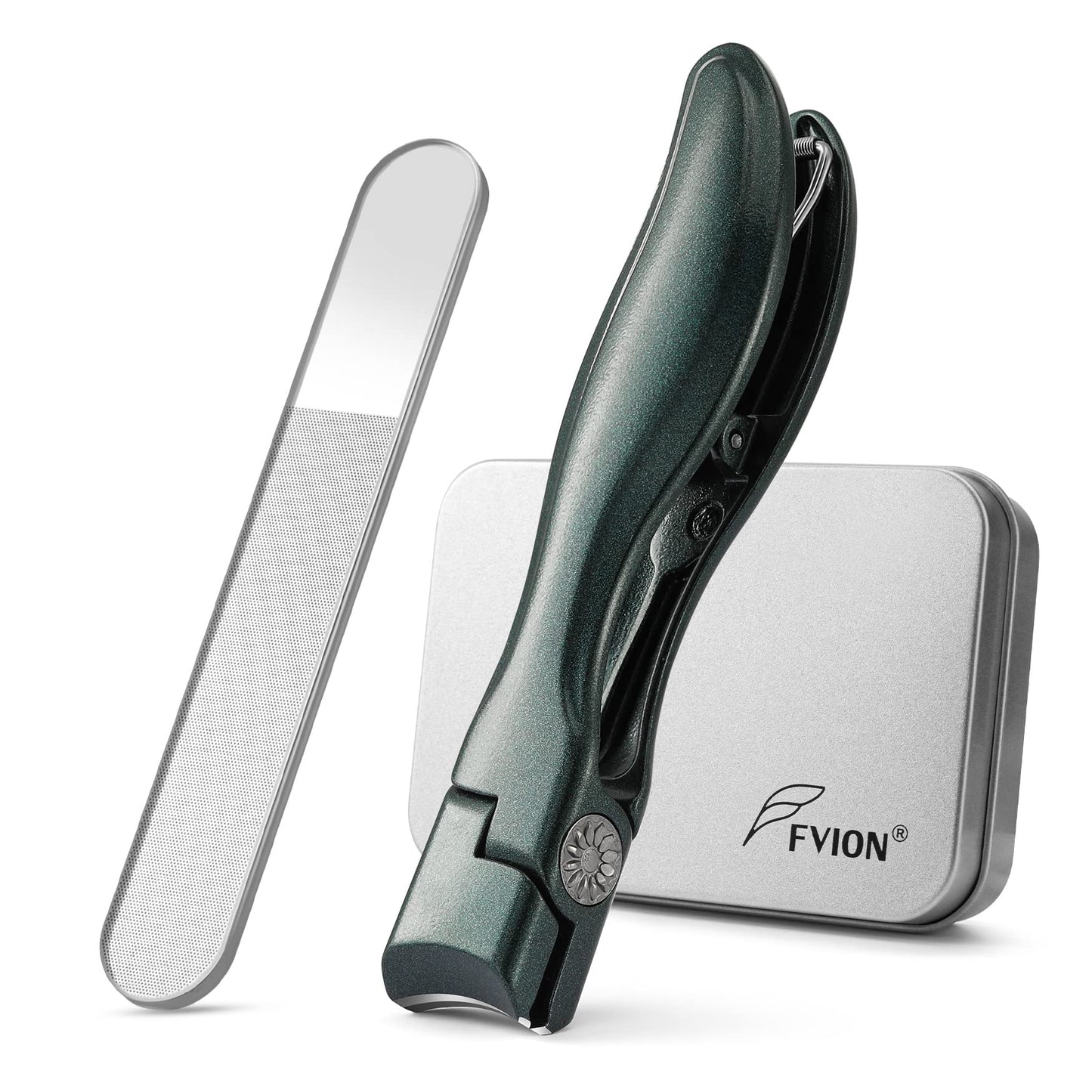FVION Nail Clipper for Thick Fingernail and Toenail, Wide Jaw Nail Clippers with Crystal File, Large Toe Nail Clipper with Catcher for Men and Women, Nail Cutter Set - Green