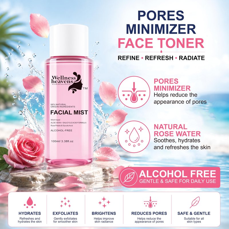 Hydrating Witch Hazel Face Toner with Aloe Vera & Glycolic Acid – Rose Petal Pore Minimizing Facial Toner for Acne Prone Skin, Blackheads, Oily & Combination Skin – Alcohol Free Daily Glow Toner 100ml