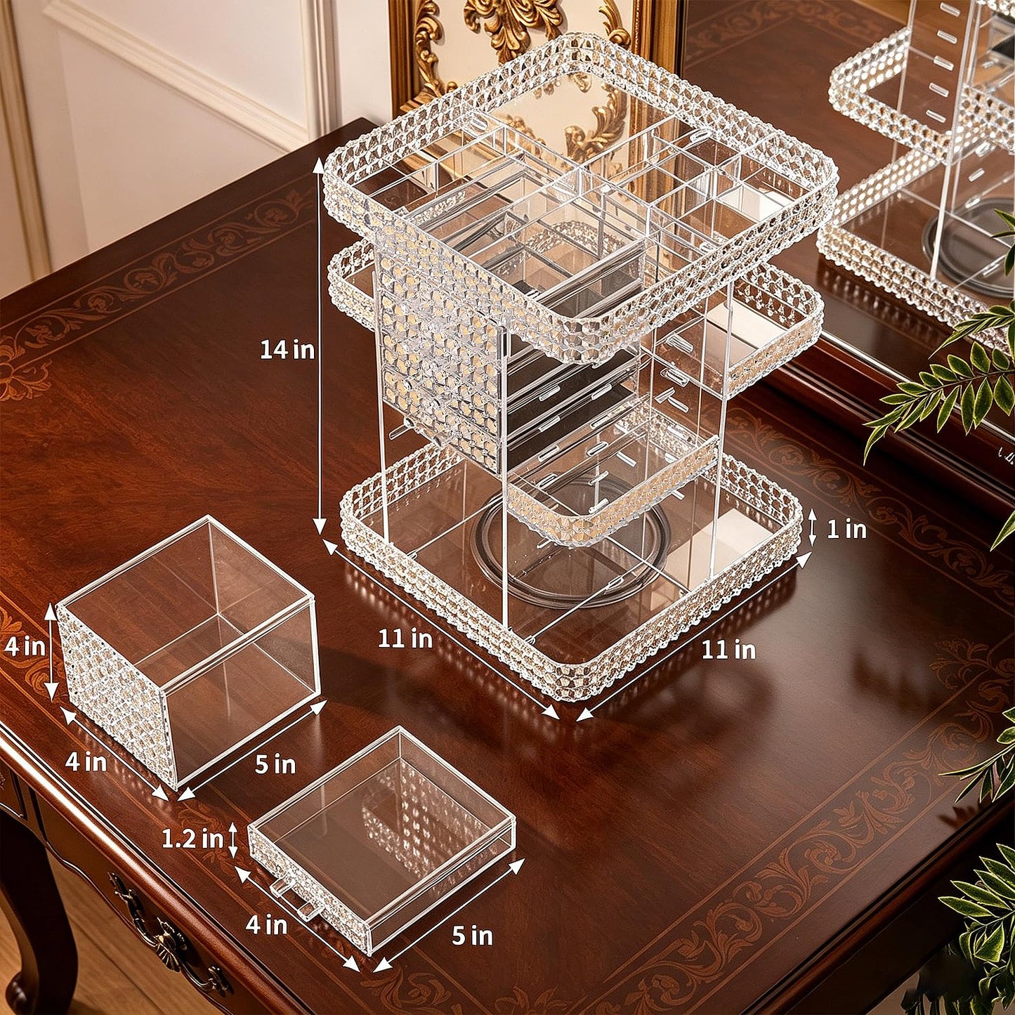 BOCONY 360 Rotating Makeup Organizer for Vanity, Large Skin Care Organizer with 6 Drawers Clear Acrylic Cosmetic Organizer Adjustable Spinning Makeup Storage Perfume Organizer for Dresser (Clear)