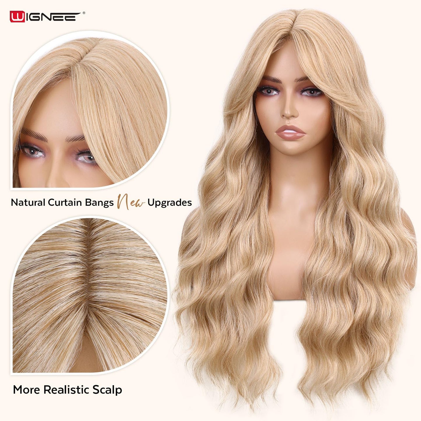WIGNEE Lightweight Long Wavy Wig with Curtain Bangs for Women – Natural Looking Blonde Synthetic Wig for Daily Wear, Beginner Friendly Heat Resistant Fashion WigGlueless Wear and Go