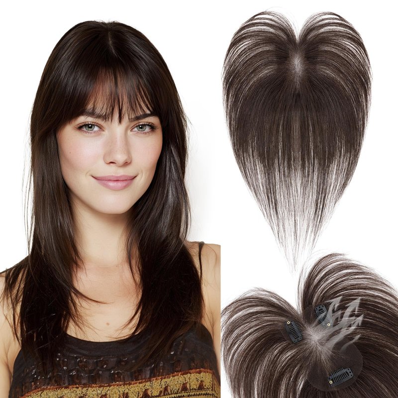 SEGO SEGOHAIR Hair Toppers for Women Real Human Hair with Bangs 360°Cover 3D Clips 2.76"x4.33" Breathable Lace Base 11 Inches Lightweight Hairpieces Wispy Bangs Dark Brown