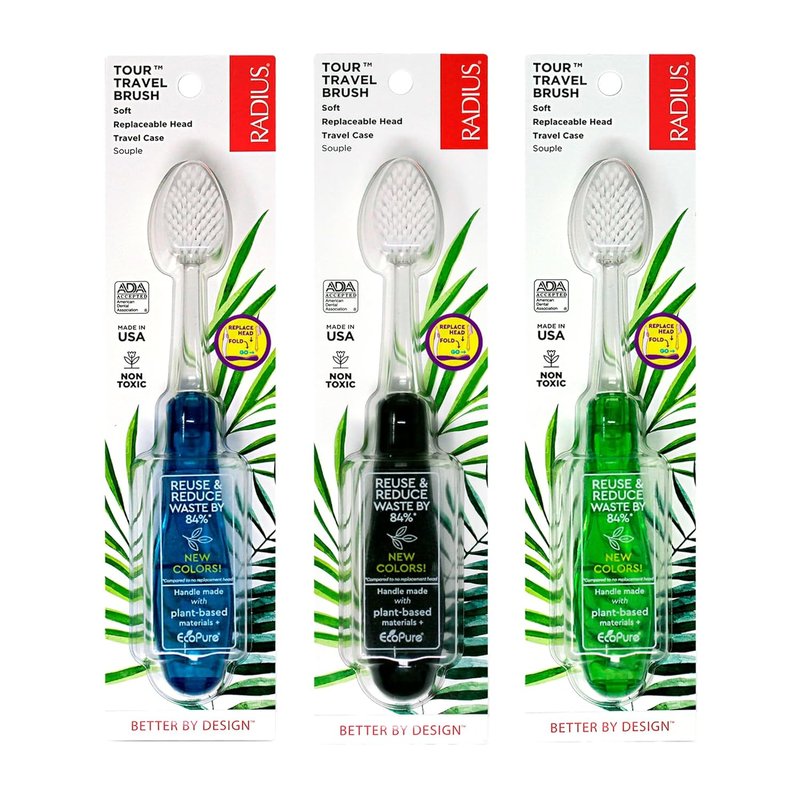 RADIUS Tour Travel Toothbrush - Replaceable Brush Head for Gum Health | Blue Smoke Green - Set of 3