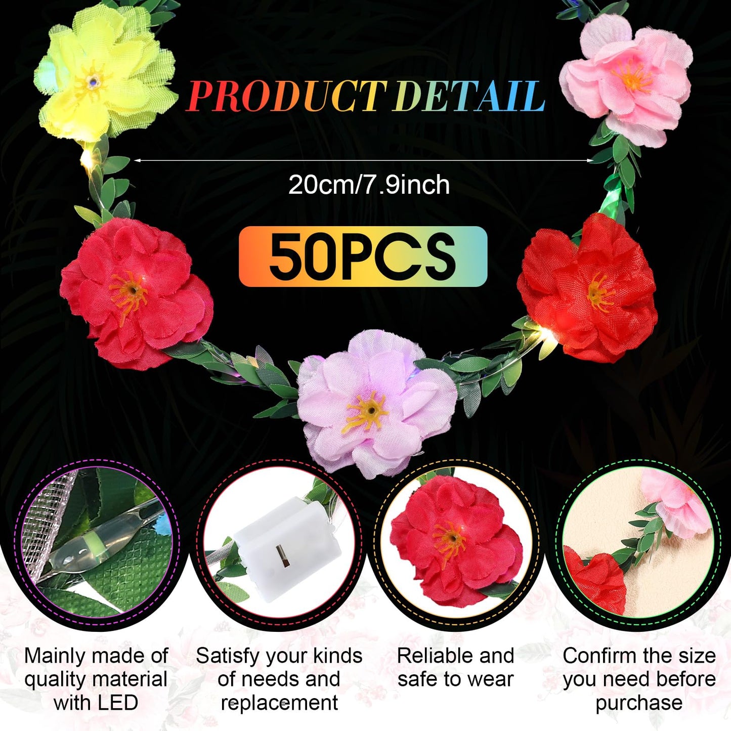 Syhood Summer Party Favor, 50 Pcs LED Flower Crowns Headbands, Light up Flower Crowns for Women, Glow in the Dark Headband for Cinco De Mayo Wedding Birthday Cosplay Princess Party Favors(Peony)