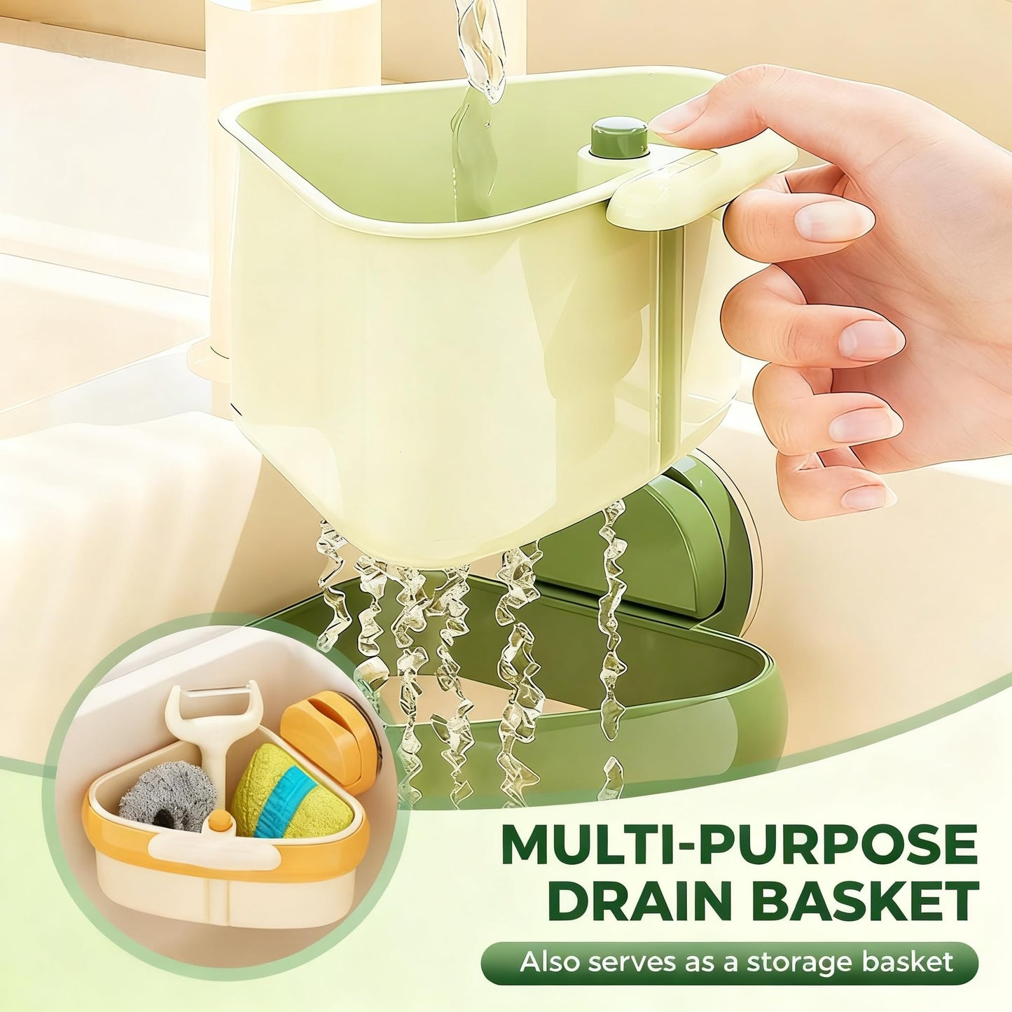 Corner Sink Strainer,2025 New Suction Cup Press Sink Strainer Basket,Automatic Dumping food Waste Catcher for Sink,Faucet Sponge Storage Rack,Corner Sink Trash Catcher for Food Waste (Green 1PCS)