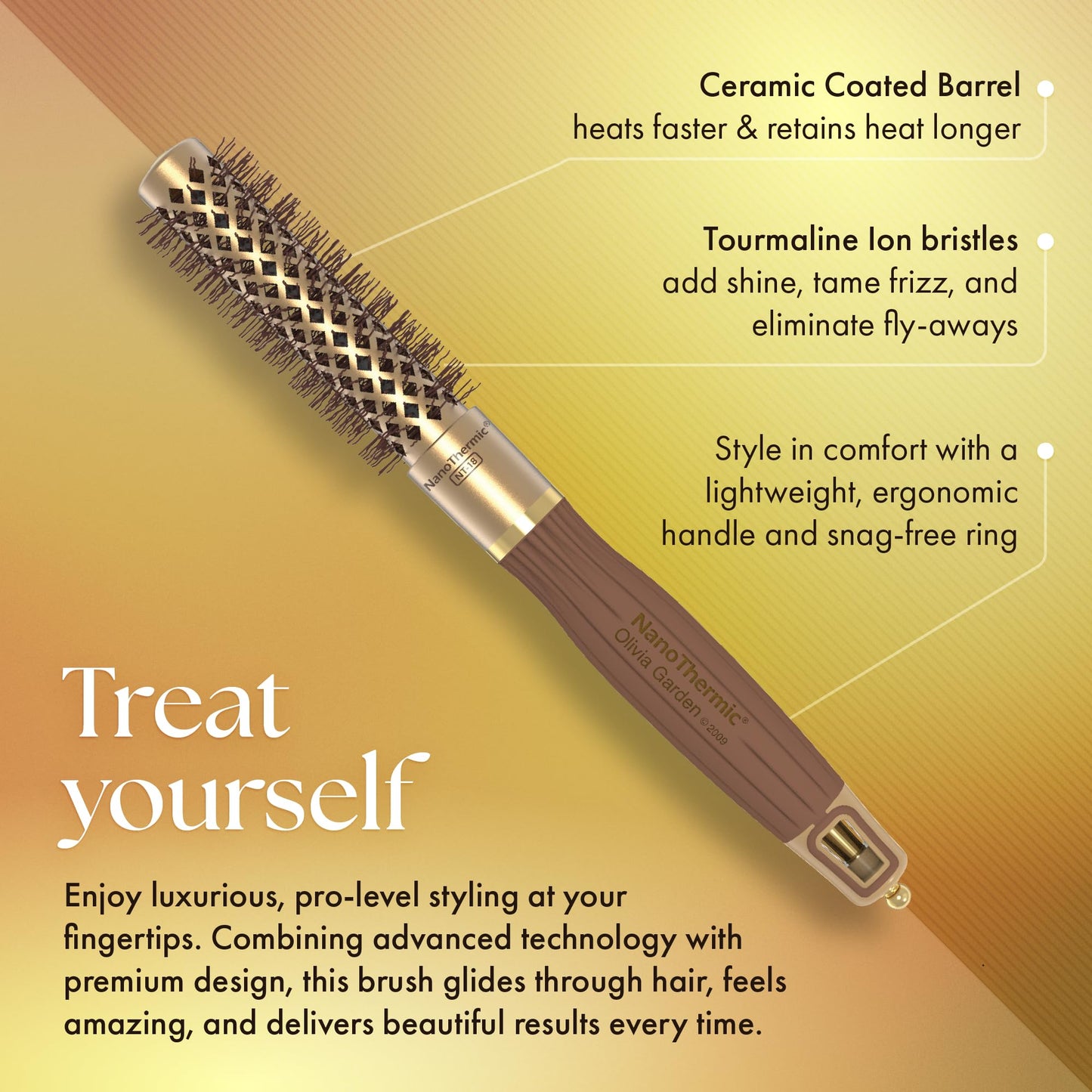 Olivia Garden NanoThermic Ceramic + Ion Round Thermal Hair Brush - Not Electrical - Professional Blowout Brush for Normal to Thick Hair, NT-18 3/4"