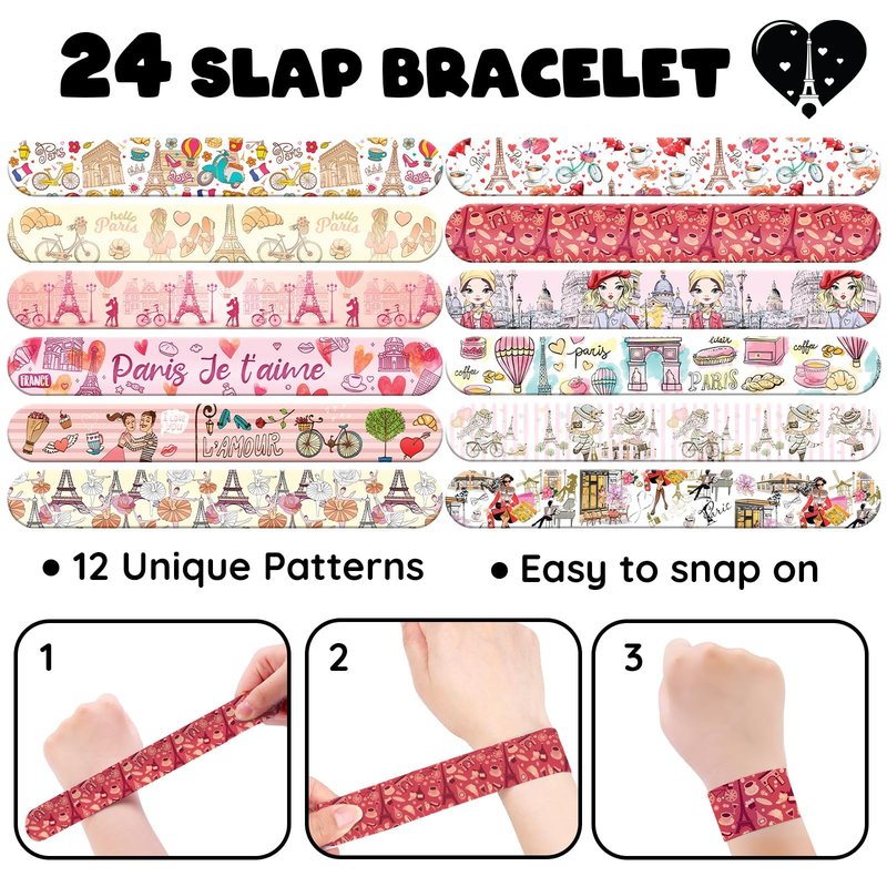 BOIKOKY 96 PCS Paris Party Favors Set – 72 Temporary Tattoos & 24 Slap Bracelets for Kids, Paris Themed Party Decorations & Gifts, Ideal Paris Souvenirs and Decor Toys