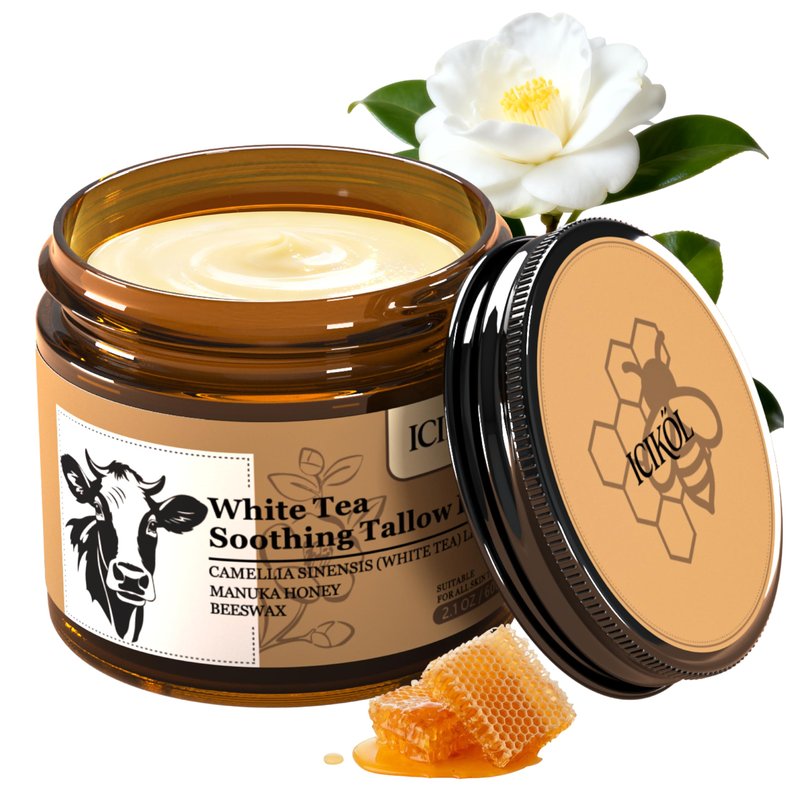 ICIKOL White Tea Grass-Fed Beef Tallow Balm for Men - Whipped Tallow Face Moisturizer & Beard Balm with Manuka Honey - Natural After Shave Care for Dry & Sensitive Skin, 2.1 oz