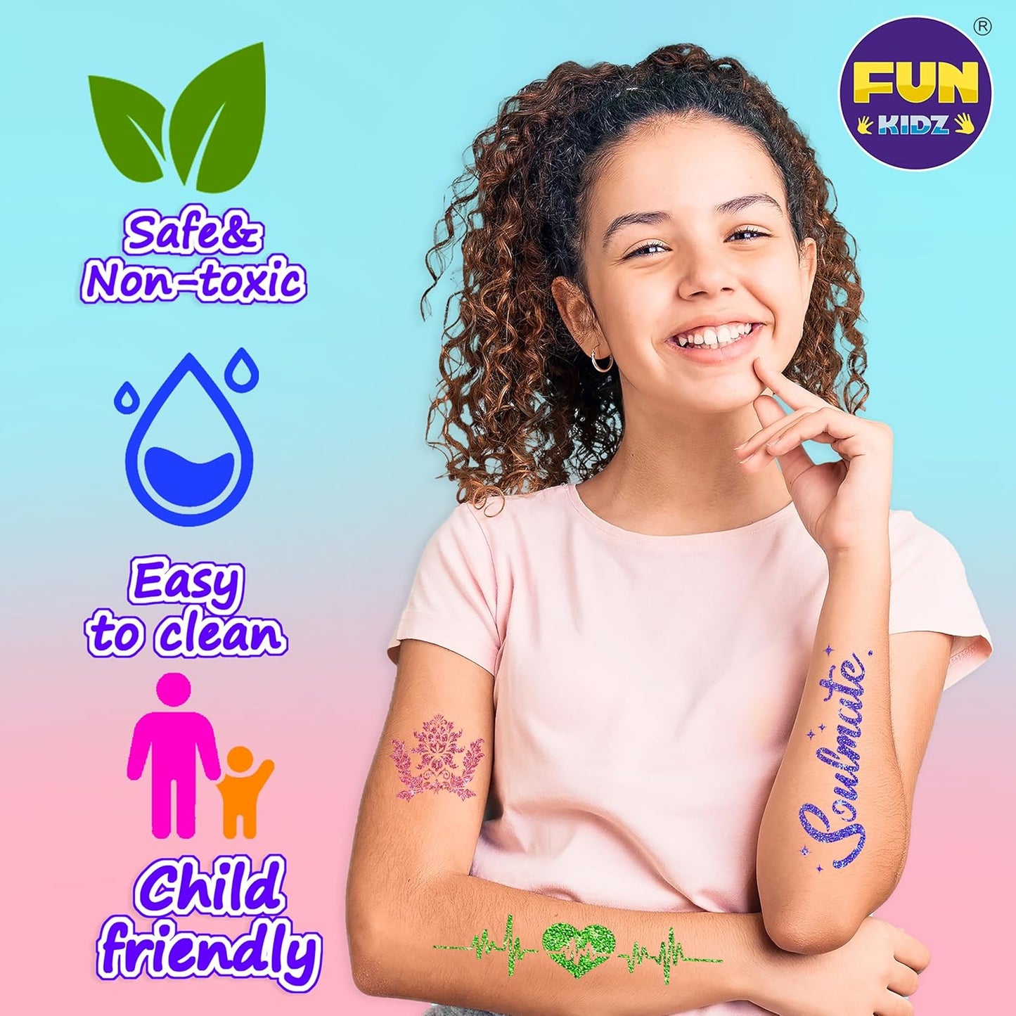 Tattoo Kit for Kids Ages 8-12 | FunKidz Sparkle Brush Body Art Markers & 106 Stencils