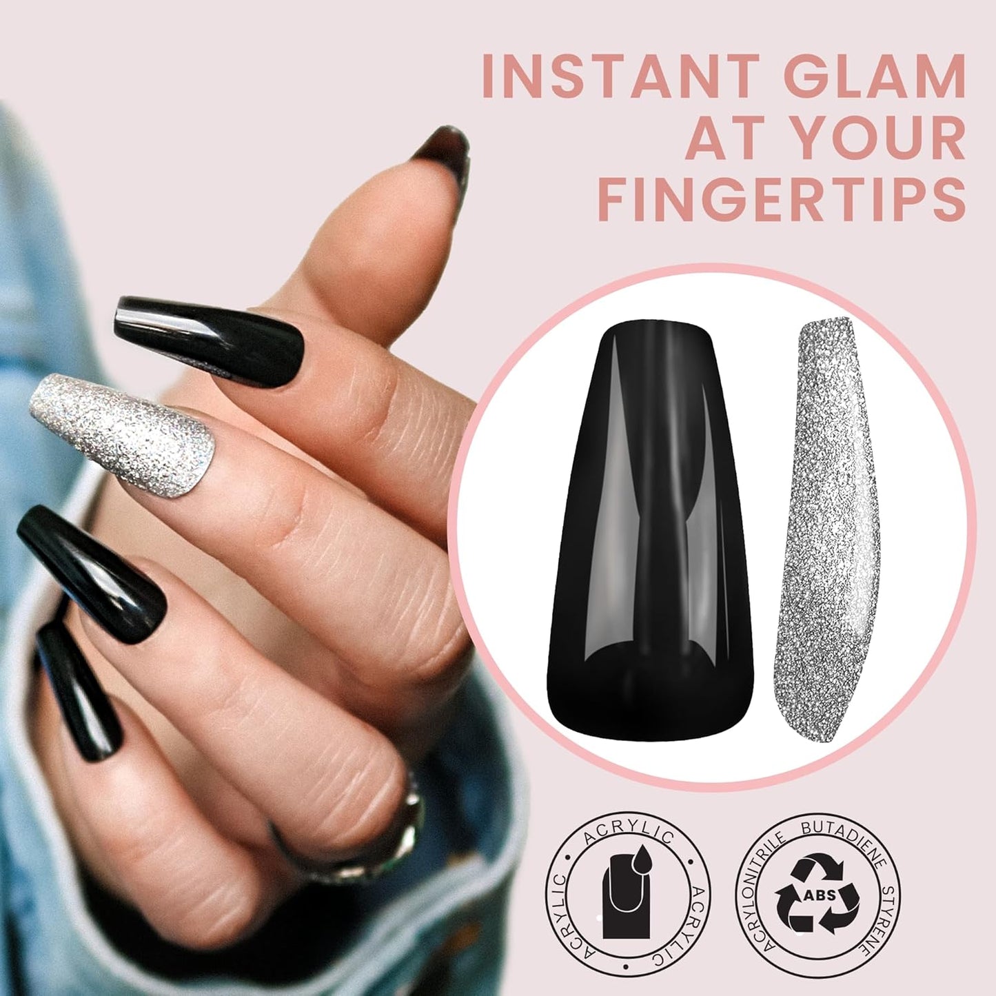 Press On Nails - Midnight Black Medium Long Tapered Ballerina | 20 Pcs Coffin Nail Kit with Glue, 10 Sizes