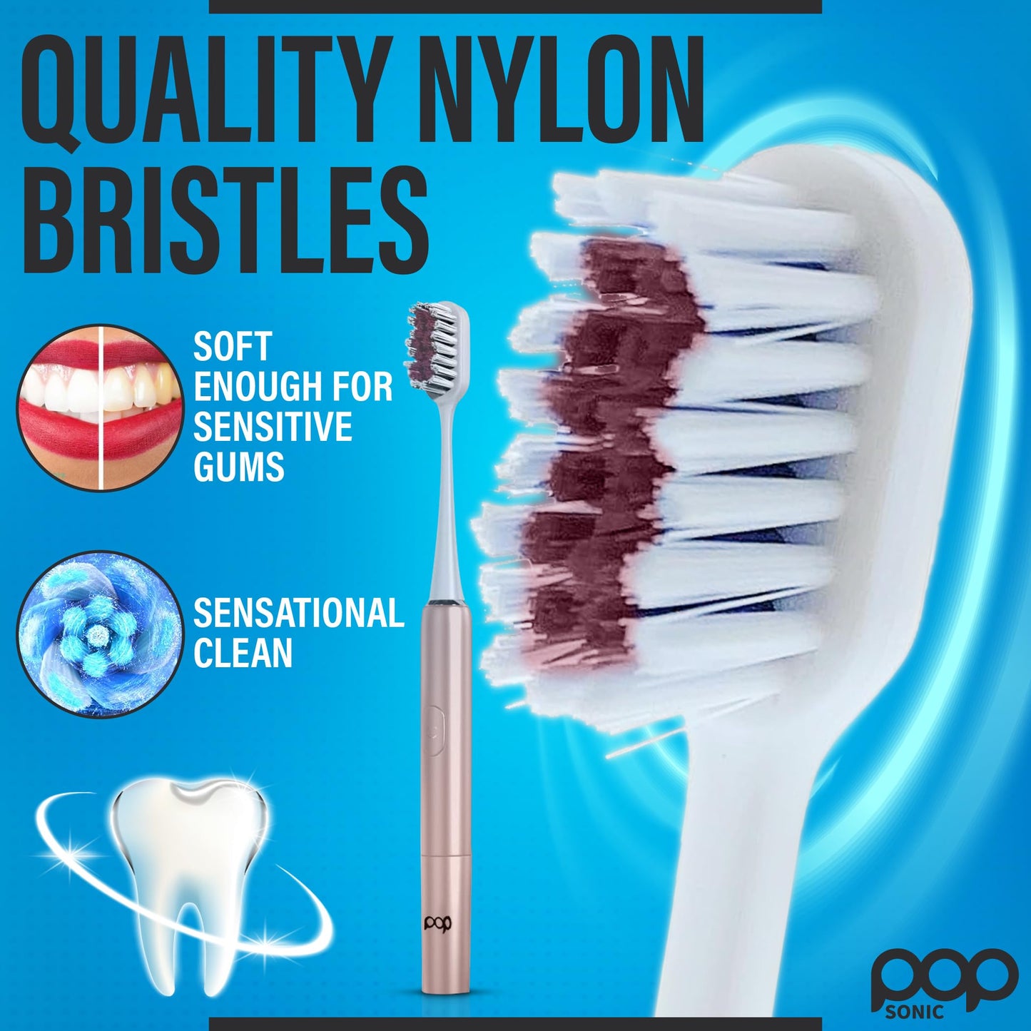 Pop Sonic Electric Toothbrush – Electric Toothbrush for Adults – Bathroom Essentials & Travel Essentials – Dupont Nylon Bristles –18000-24000 Strokes/Min w/AAA Battery – 2 Speed – Go Plus (Rose Gold)