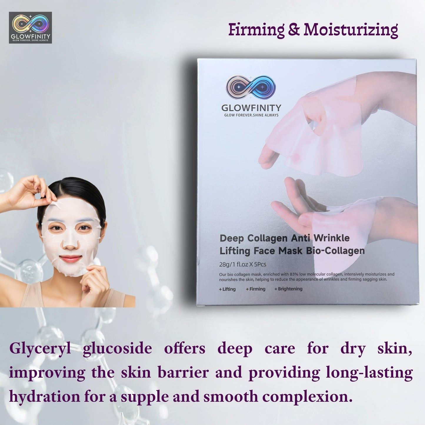 GLOWFINITY - Deep Collagen Korean Skin Care Anti Wrinkle Lifting Face Mask Bio-Collagen Real Deep Mask, Hydrating Overnight Collagen Face Mask for Lifting, Firming and Moisturizing (5pcs/1 Box)