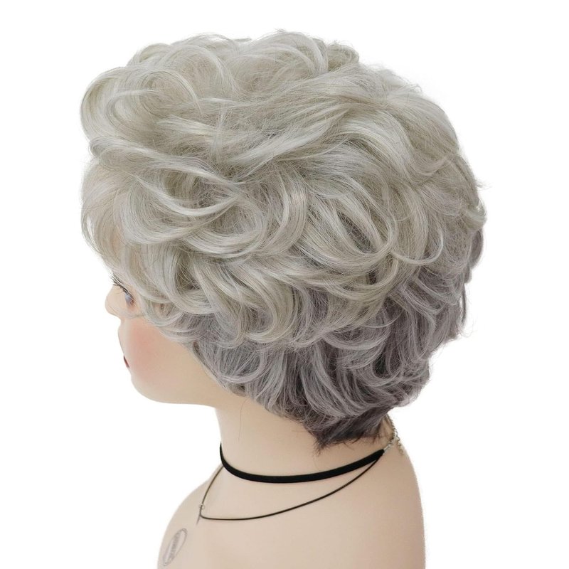 Short Gray Wig for Seniors - Silver Gray Curly Hair | Synthetic Fiber Grandma Cosplay Wig