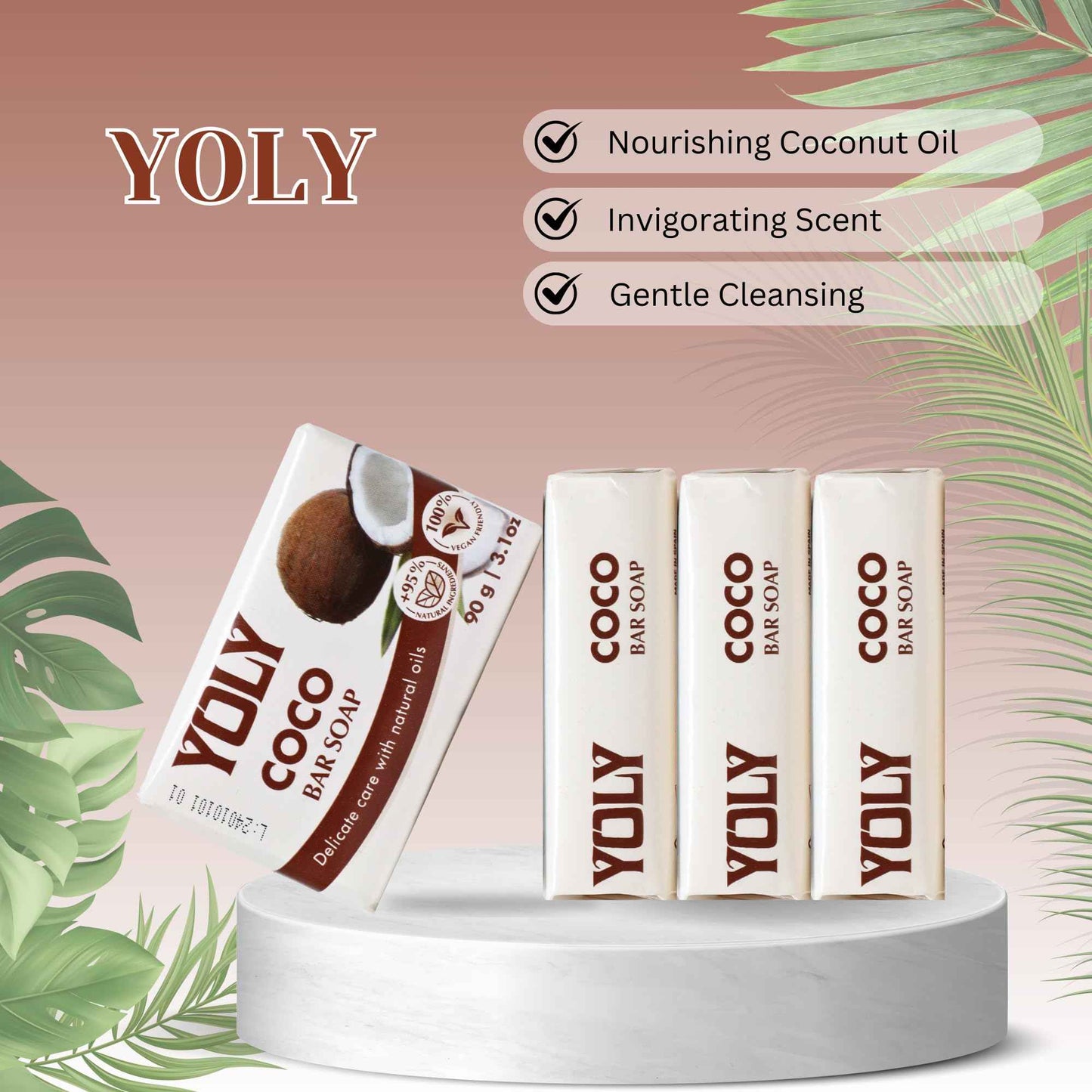 YOLY Coconut Bar Soap (90 g, Pack of 16) - 95% Natural, Vegan-Friendly Moisturizing Soap for Silky Smooth Skin
