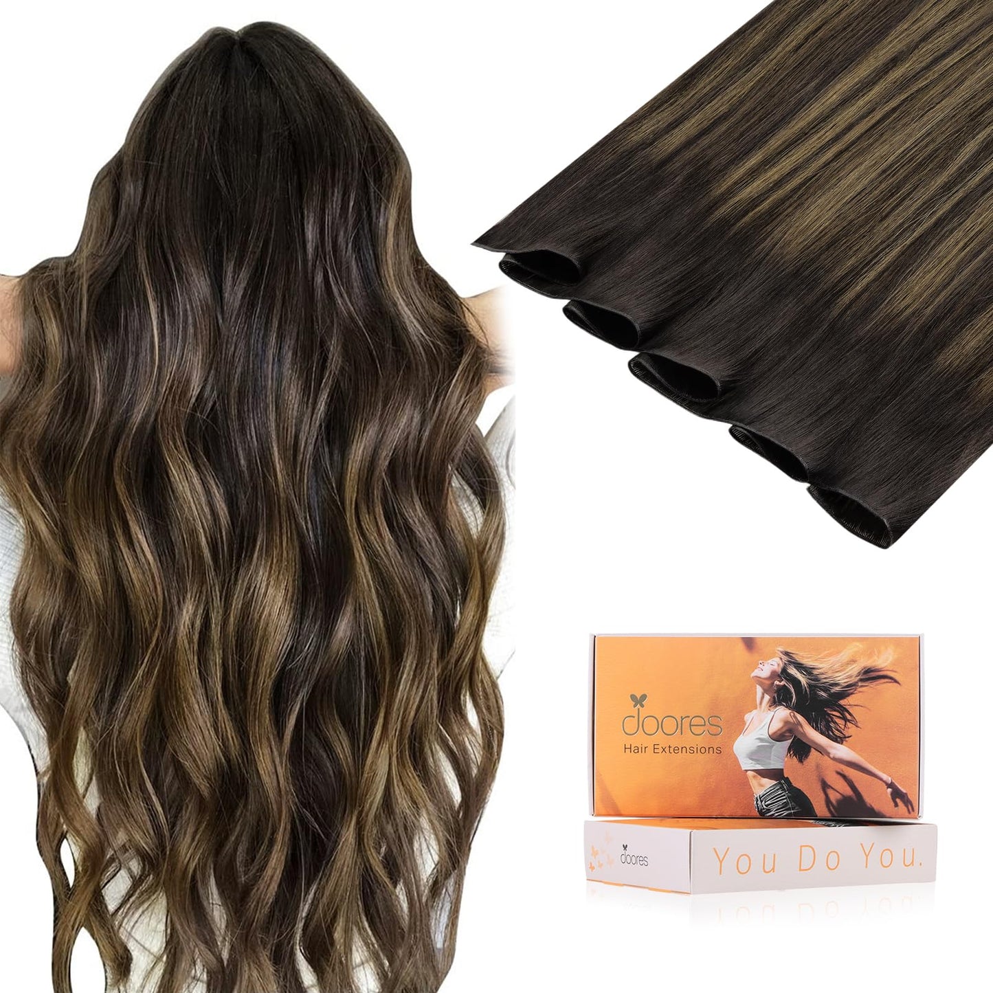 DOORES Sew in Hair Extensions Natural Straight, 18 Inch Balayage Dark Brown to Chestnut Brown 50g, Weft Hair Extensions Human Hair Virgin