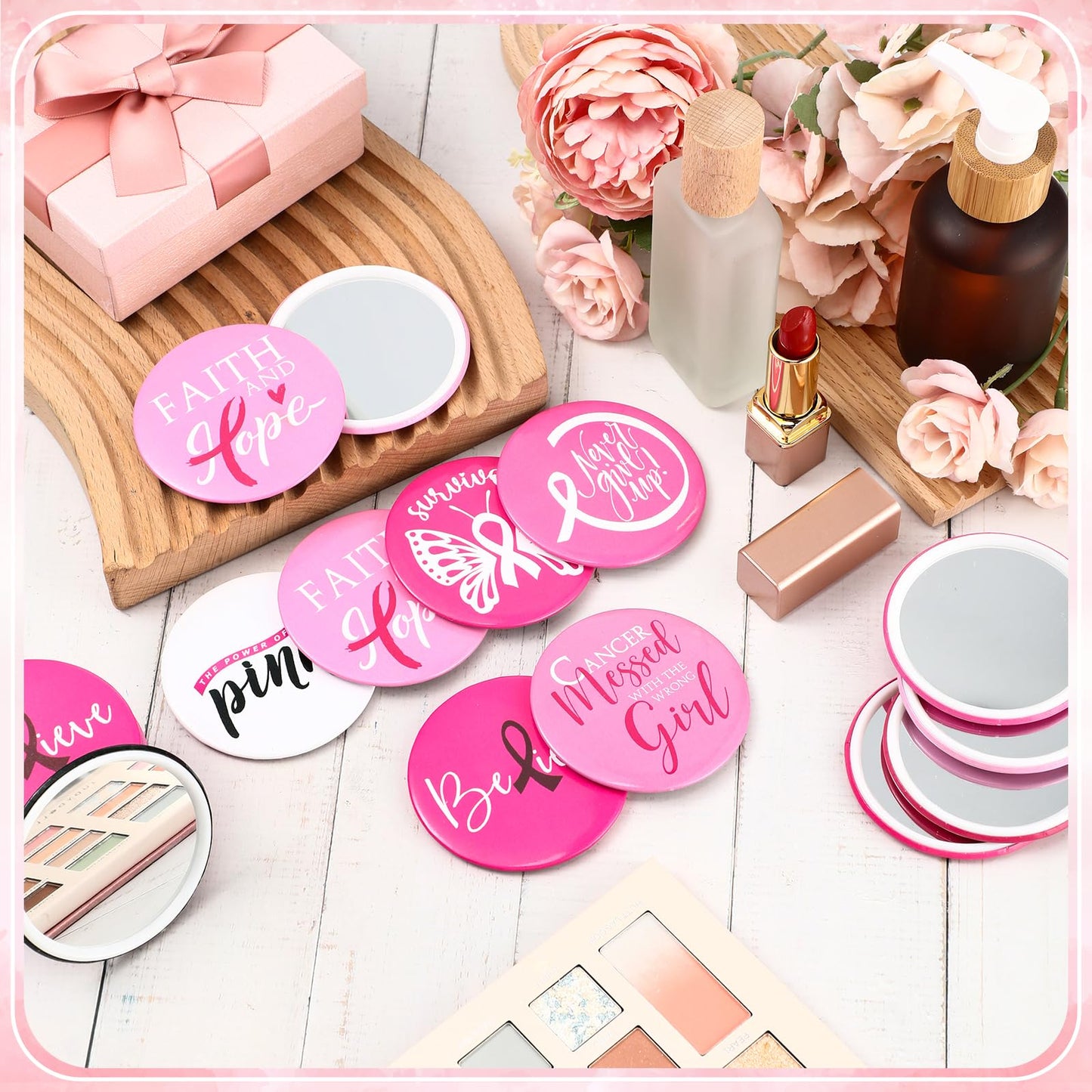 Wonderjune 100 Pcs Breast Cancer Awareness Gifts Pocket Mirror Bulk Portable Travel Mirrors Pink Ribbon Breast Survivor Compact Mirror for Charity Women Public School Events Supplies (Inspirational)
