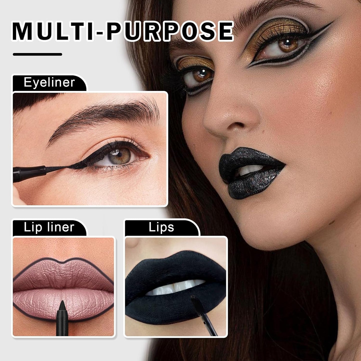 Black Matte Lipstick Set - 3PCS Lip Liner & Liquid Eyeliner Stamp | Long-Lasting Smudge-Proof for Halloween & Goth Makeup