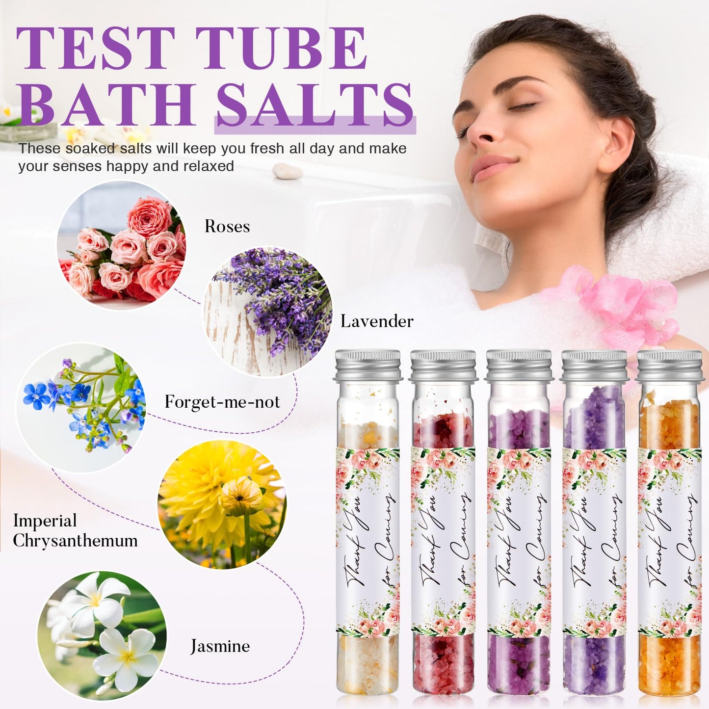 Dimsile 24 Pcs Aromatherapy Bath Salts Test Tube Bath Salts for Women Relaxing Spa Gifts Set for Wedding Christmas Birthday Baptism Party Favors (Floral)