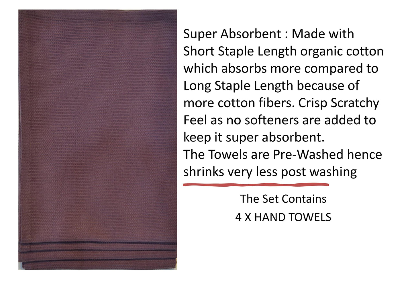 GO GREEN ORGANICS, WAFFLE HAND TOWELS PACK OF 4, 20X29 INCHES, 100% NATURAL ORGANIC COTTON GOTS CERTIFIED (BURGUNDY) SUPER ABSORBANT & QUICK DRY, NO SOFTENERS, ENVIRONMENT FRIENDLY