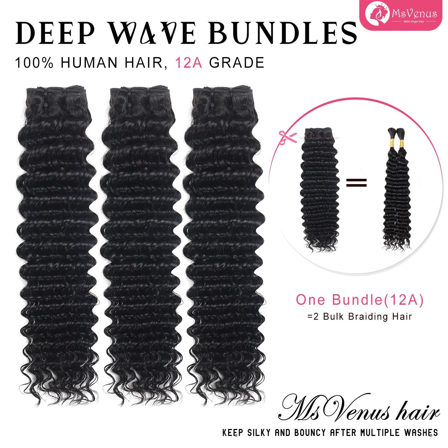 msVenus 12A Deep Wave Bundles Human Hair 20 Inches, 100% Unprocessed Indian Human Hair Bundles Wet and Wavy Raw Virgin Hair One Bundles Deal Curly Weave Bundles(Natural Color, 20 Inches)
