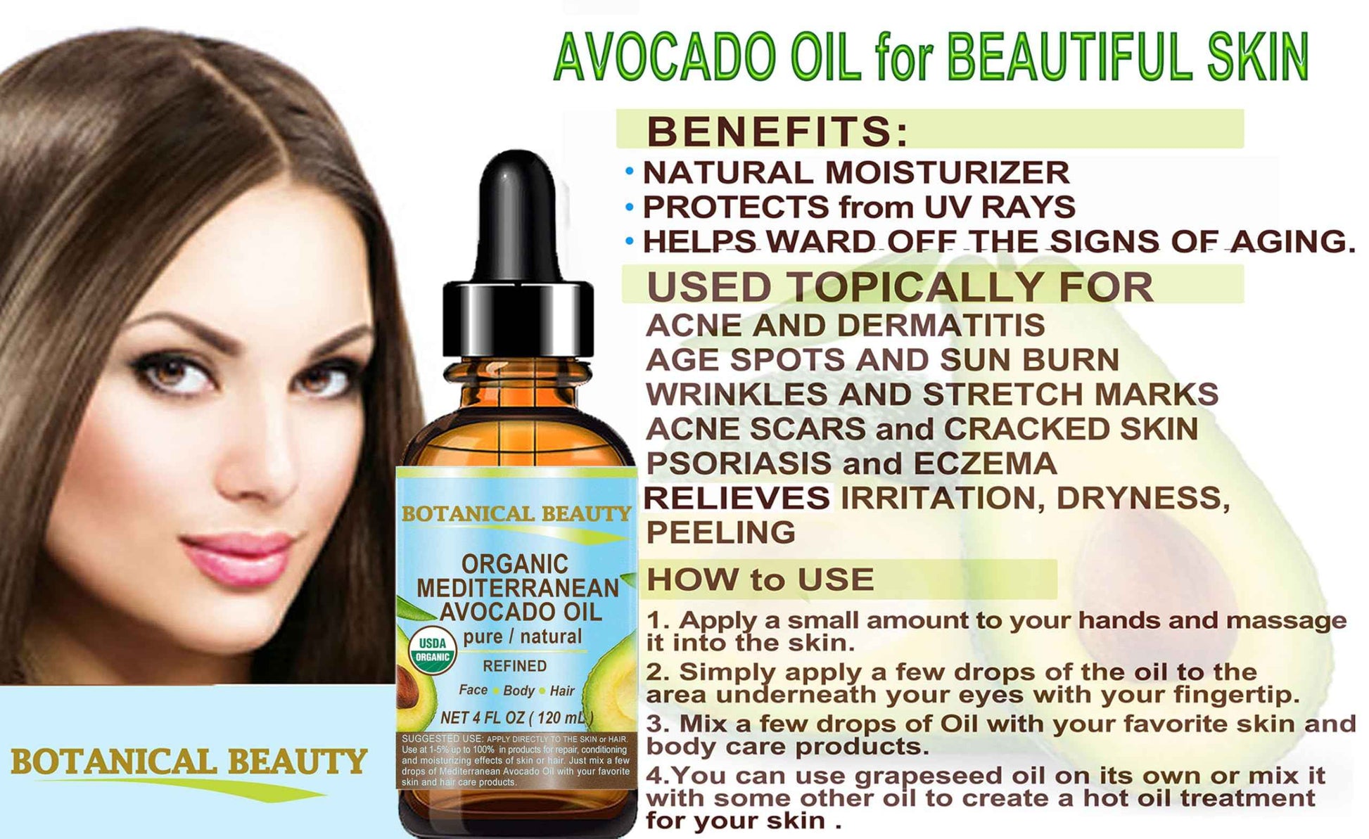 Botanical Beauty Italian ORGANIC AVOCADO OIL 100% Pure Natural Refined Undiluted Cold Pressed for Face, Body, Feet, Hair, Massage and Nail Care. 4 Fl. oz-120 ml.