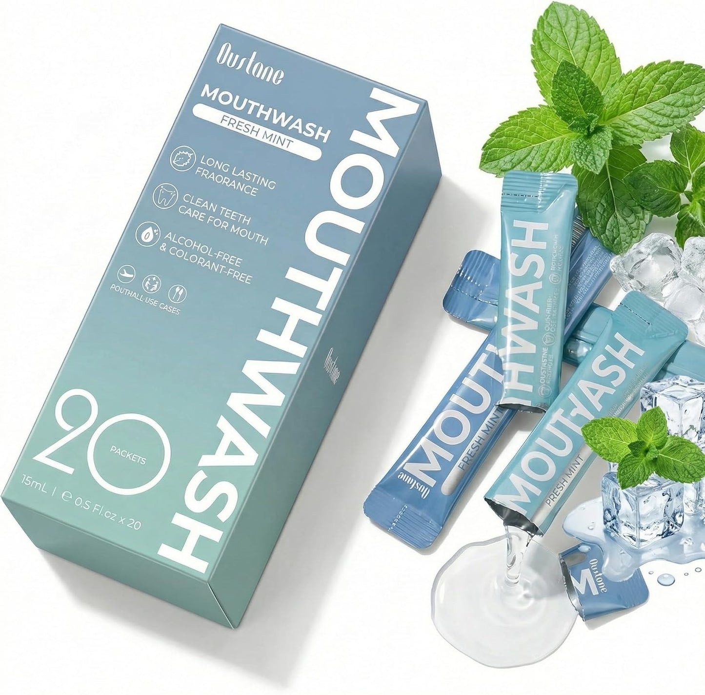 Fresh Mint Mouthwash - Alcohol-Free Travel Size Packets | 15ml, Long-Lasting Freshness (20 Pack)