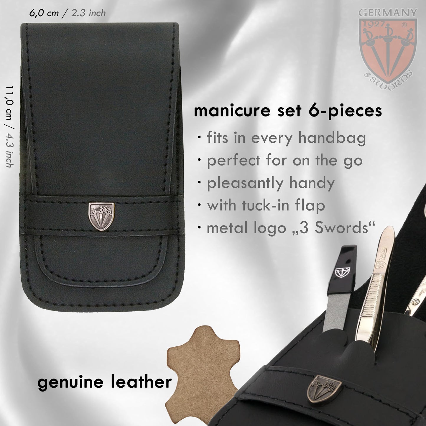 3 Swords Germany - brand quality 6 piece manicure pedicure grooming kit set for professional nail care with genuine leather case - Made in Germany