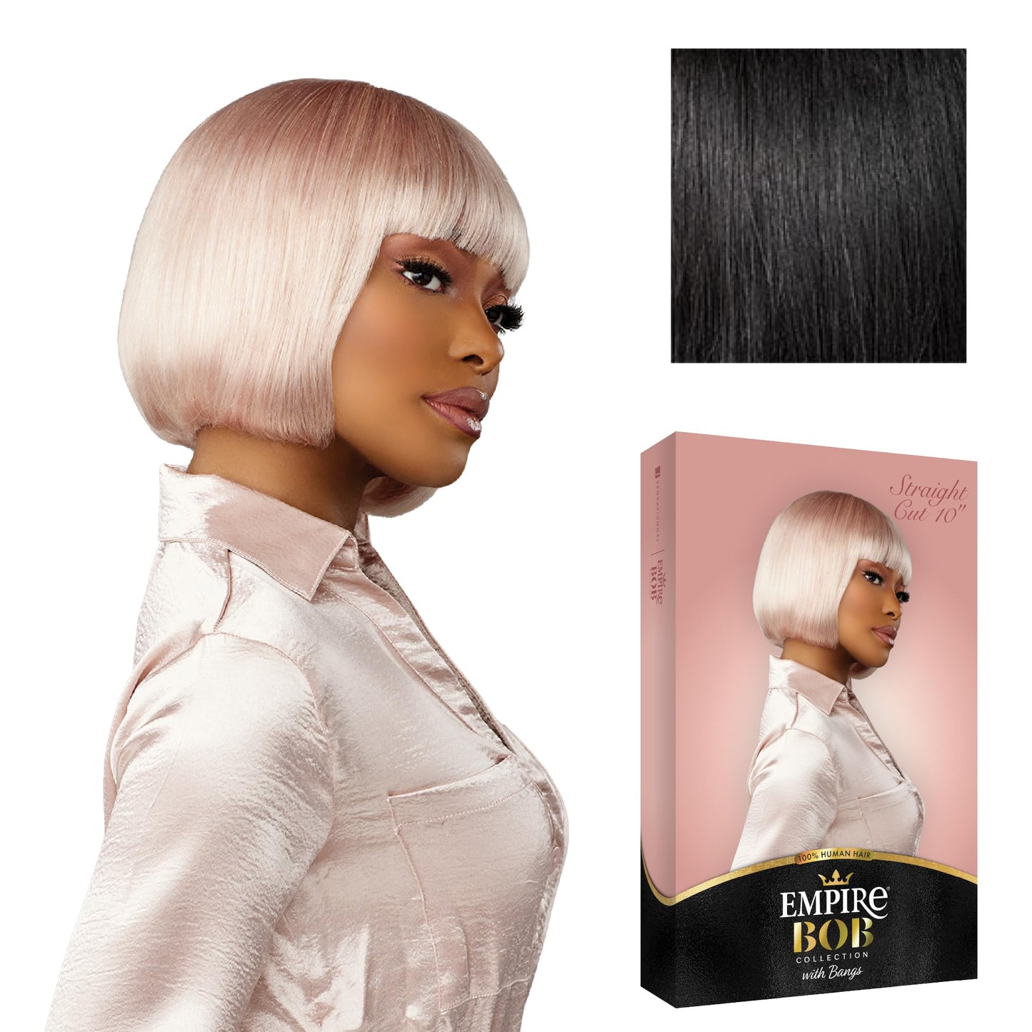 Sensationnel Empire Bob Humanhair Wig - Straight Cut Face Framing Mesh Cap for Comfort With Bangs (10 inch, 2 DARKBROWN)