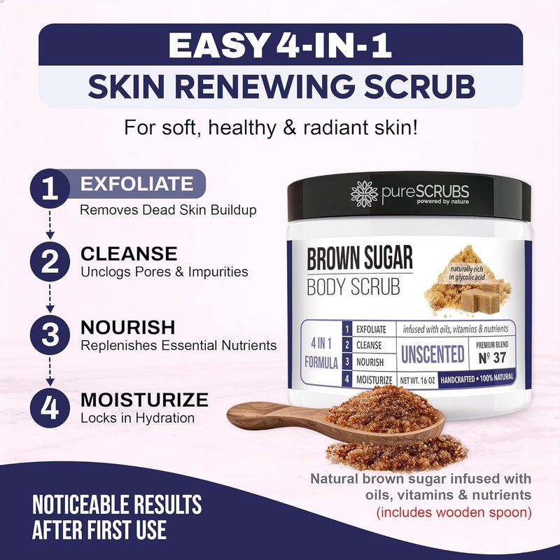 Premium Unscented Brown Sugar Body Scrub - 16oz Jar | Exfoliating Face, Feet & Full Body Care with Spoon & Loofah