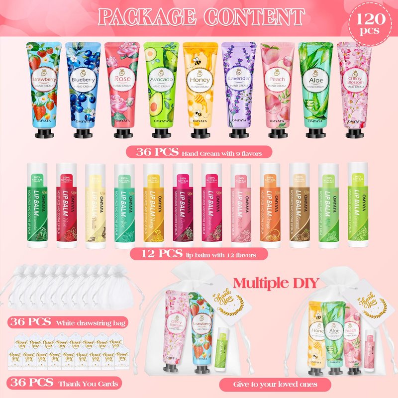 120 Pack Bulk Gifts For Women,Christmas Stocking Stuffers Gifts Set for Coworker,Mini Hand Cream Bulk, Lip Balm Set,Travel Size Hand Lotion,Thank You Gifts for Coworkers