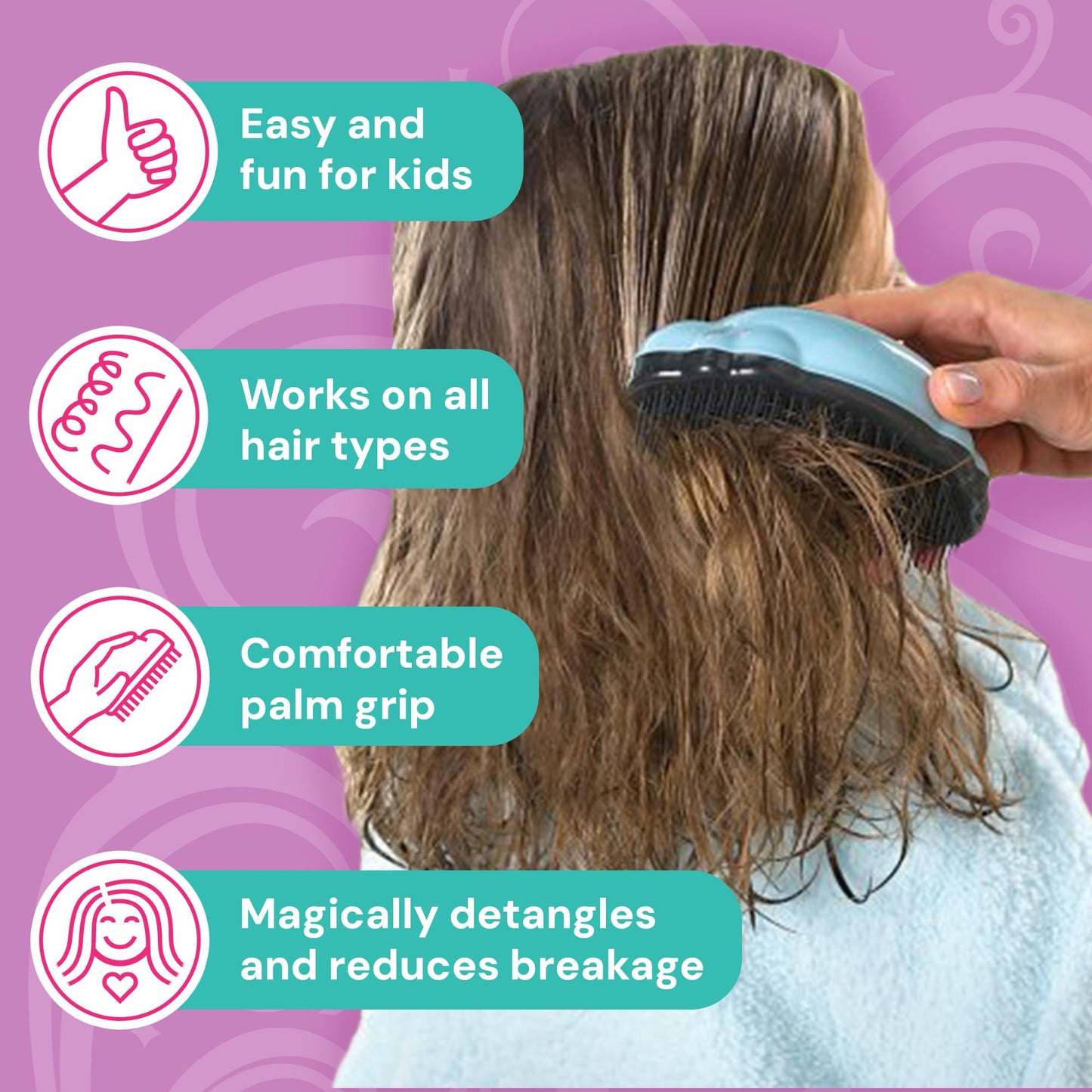 Knot Genie Detangling Hair Brush for Kids (Petal Pink) | Original Full Size | Perfect for Curly Hair, Gently Separate Tangles, Leaves Hair Smooth & Shiny | The Pain Free Knot Detangler