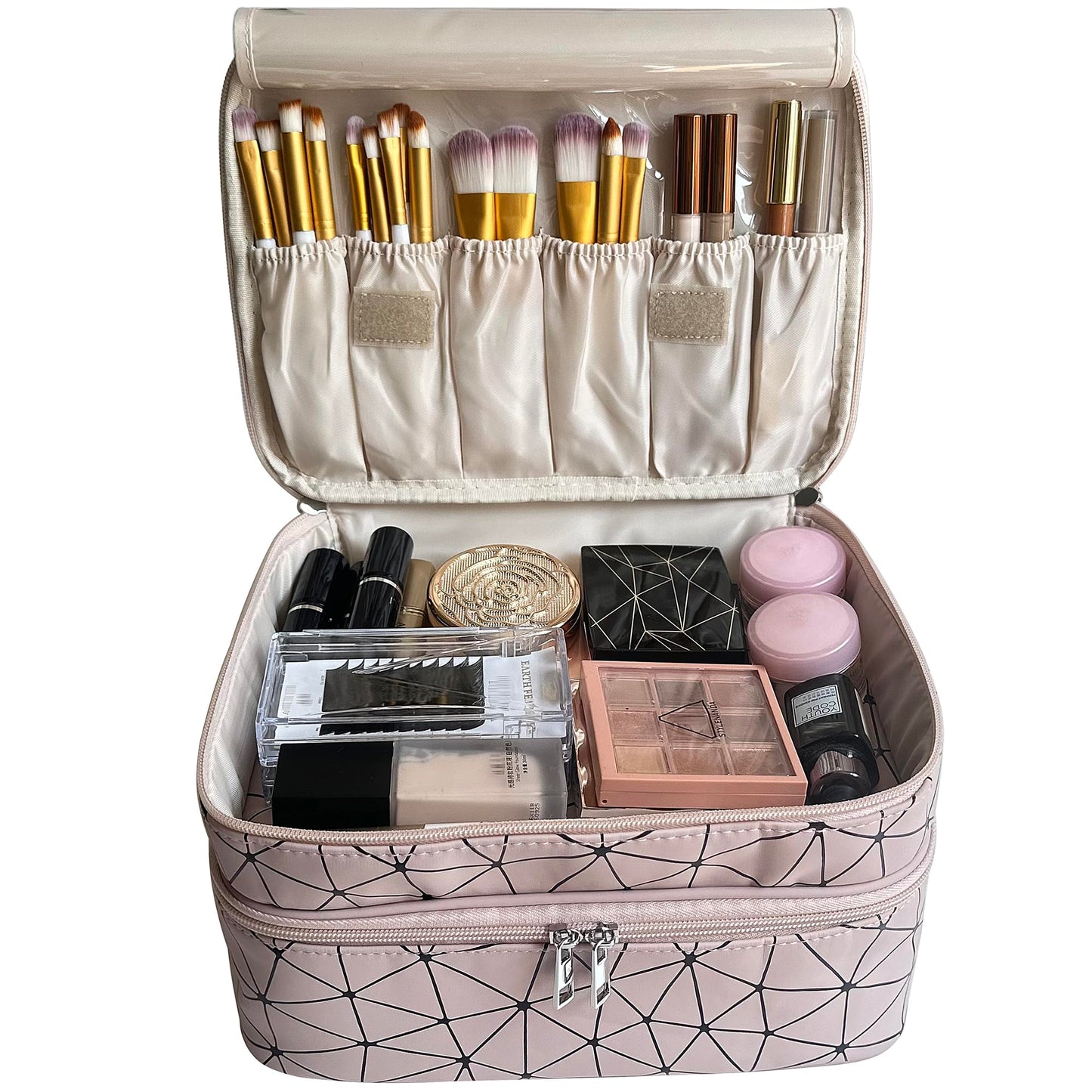 MKPCW makeup bag large Double-layer cosmetic bag with brush bag and divider (Pink+ three dividers)