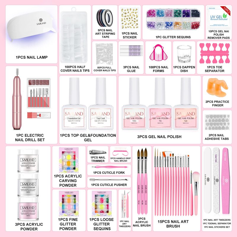 SAVILAND Acrylic Nail Kit – Nails Kit Acrylic Set with Nail Drill Brushes Gel Polish Clear Nails Tips Nail Art Tools Nail Stuff for Starters DIY Christmas Gift