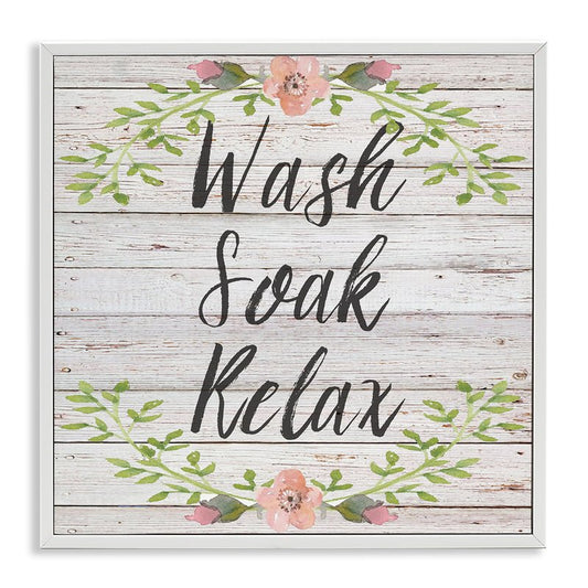 Stupell Industries Wash Soak Relax Floral Wood Wall Art, 17 x 17, White Framed