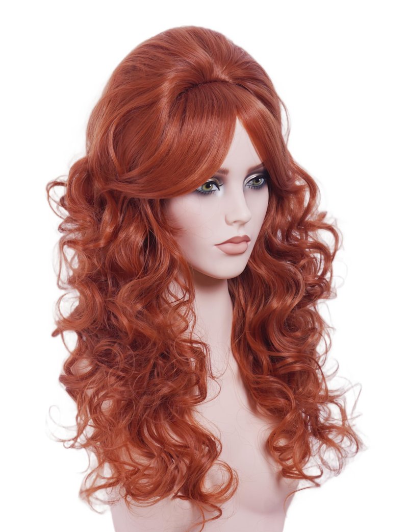 NJJYXH 22 Inches Retro Beehive Ginger Wigs for Women Long Wavy Copper Red Wig with Bangs Synthetic Natural Auburn Wig for 60s 70s 80s Cosplay,Halloween,Daily Use