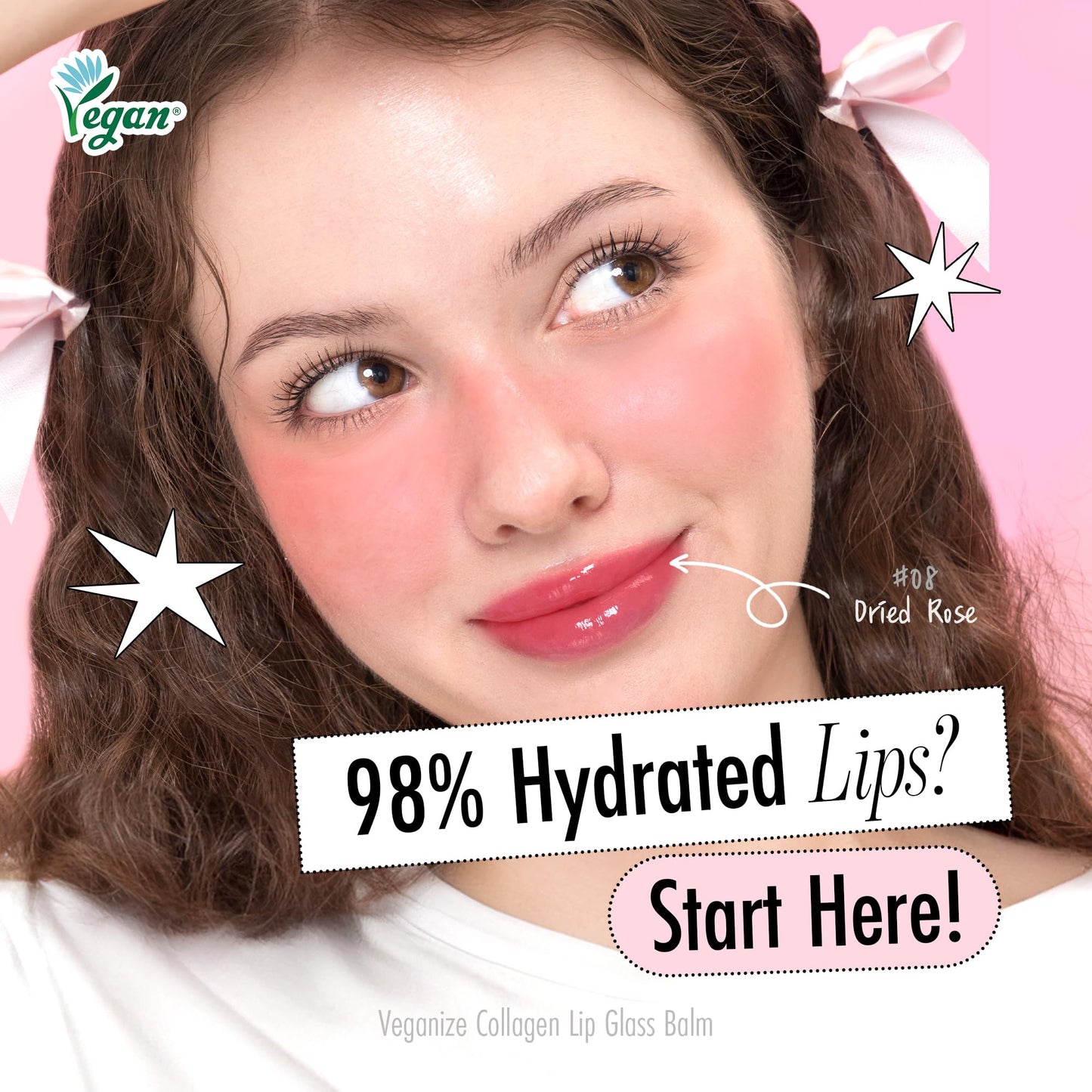 self beauty Veganize Collagen Lip Glass Balm - Hydrating Lip w/Hyaluronic Acid - Vegan Korean Lip Balm Moisturizing Lip Care – Lip Gloss Repair for Dry Cracked Lips 0.06 oz (#8 Dried Rose)