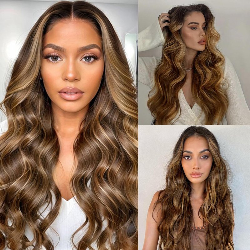Brown Lace Front Wig - 13x4 Body Wave Synthetic Hair, Honey Brown Highlights | 26 Inch, Pre-Plucked, Heat Resistant