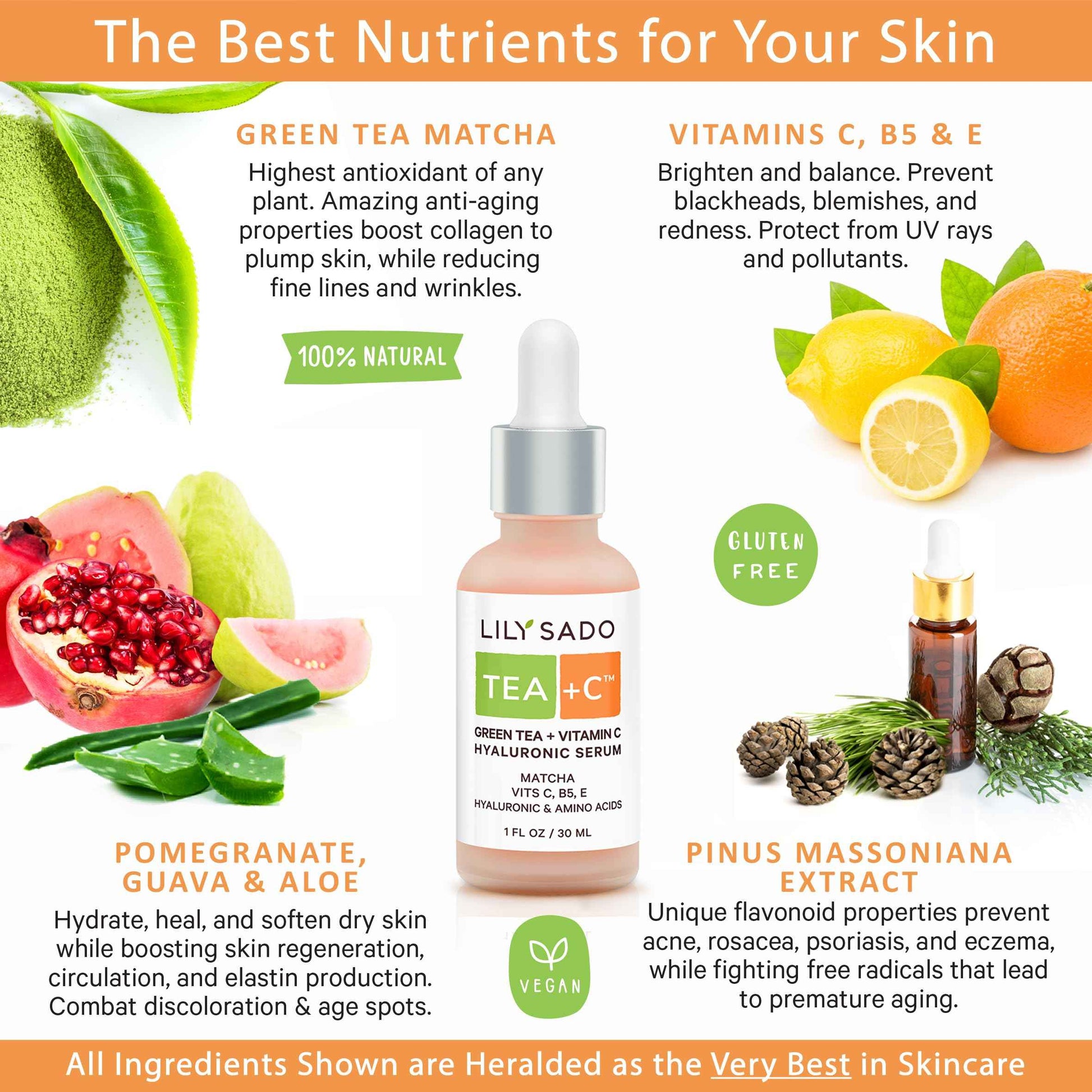 LILY SADO TEA+C Green Tea + Vitamin C Super Serum - Natural Vegan Serum - Best Antioxidant, Anti-Wrinkle Moisturizing Formula - Softens, Hydrates, Firms & Tones for Luscious, Radiant Skin