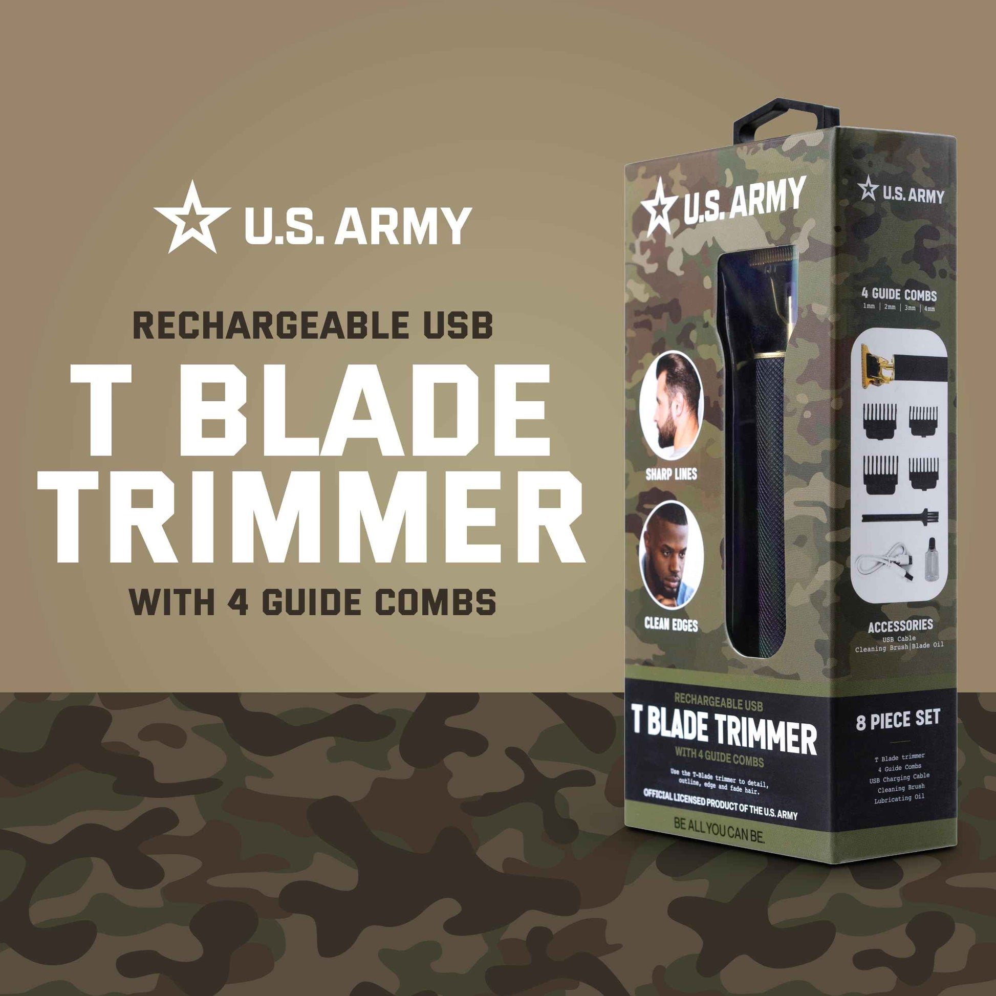 U.S. Army Electric Razor for Men, Hair and Beard Trimmer, T-Blade Clippers, Cordless Rechargeable Shaver with 4 Guide Combs