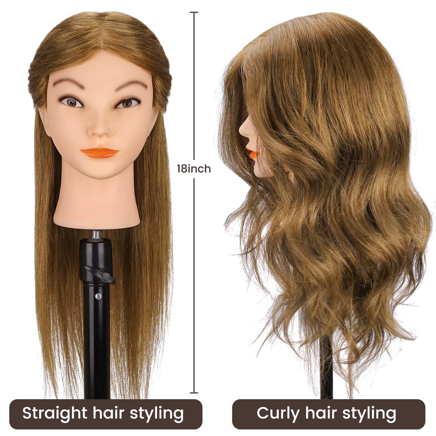 Mannequin Head with 100% Real Hair for Cosmetology, CENOZ 18" Light Brown Hairdresser Training Head with Clamp Holder and Tool, Doll Head Mannequin Head for Hair Styling Practice