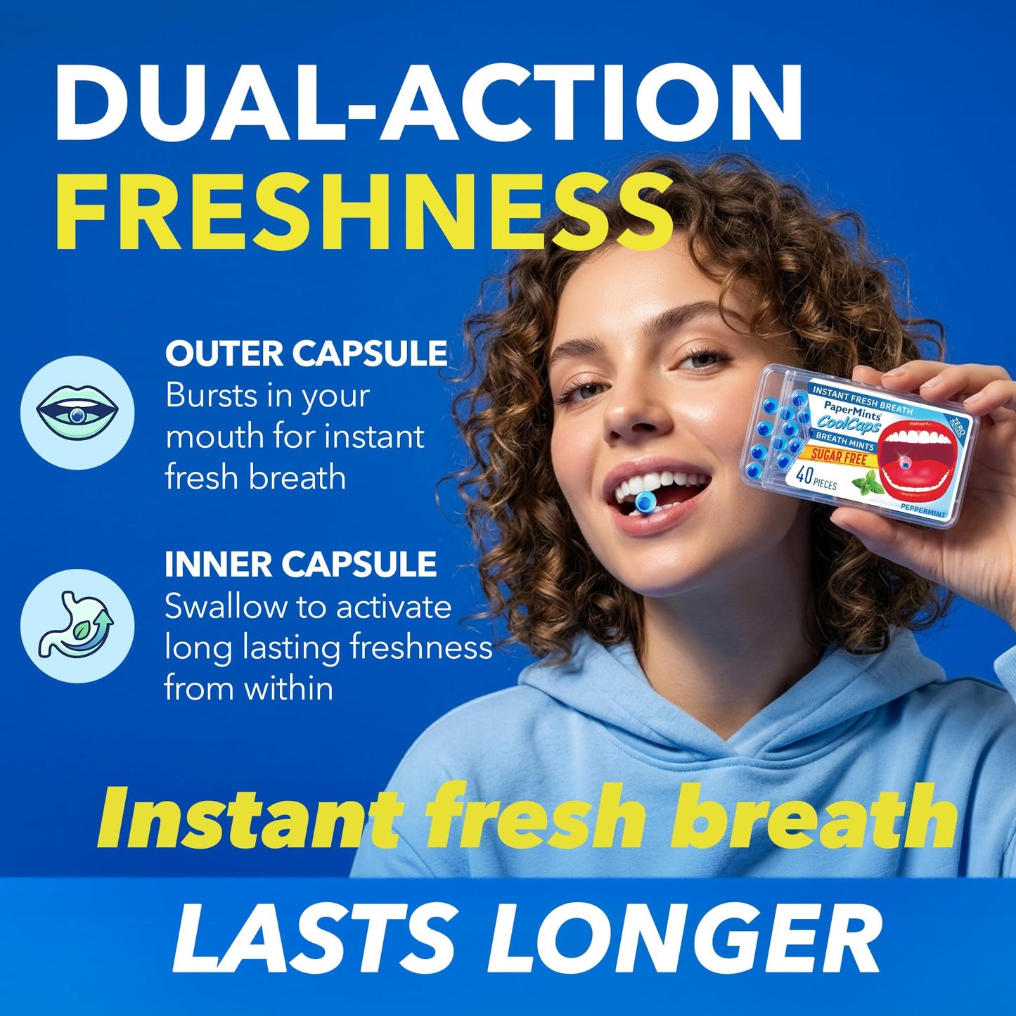 Papermints Coolcaps Liquid Burst Breath Mints. Dual-Action for Instant Fresh Breath + Gut Odor Control – Peppermint Flavor, Sugar Free, 0 Calories, Pocket Size - 4 Pack of 40 pieces - 160 Total