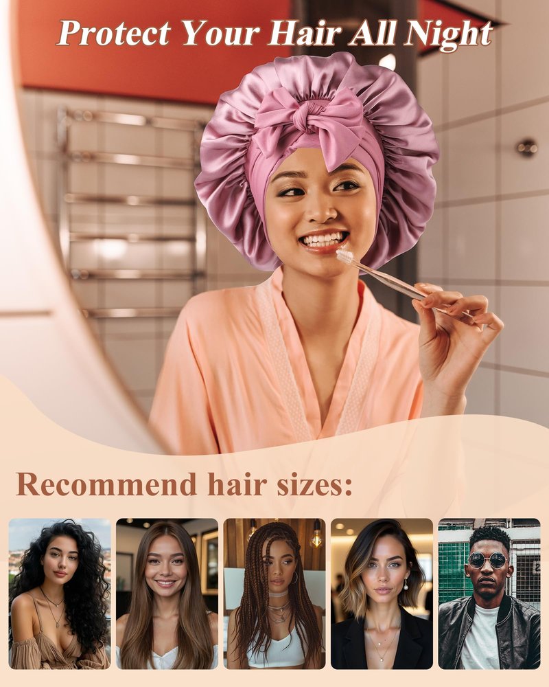 Silk Bonnet 100% Mulberry Hair Bonnet for Sleeping Women Hair Wrap with Elastic Band Sleep Night Cap(Bean Paste)
