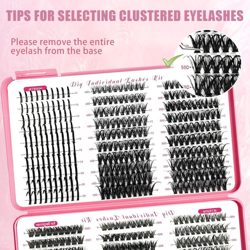 Qiveaory 580PCS DIY Lash Clusters Kit with Lash Spikes Eyelash Clusters D Cluster Eyelash Extensions Lash Bond and Seal Glue Remover Tweezers Eyelash Shampoo Cleansing Brush Headband Wristband