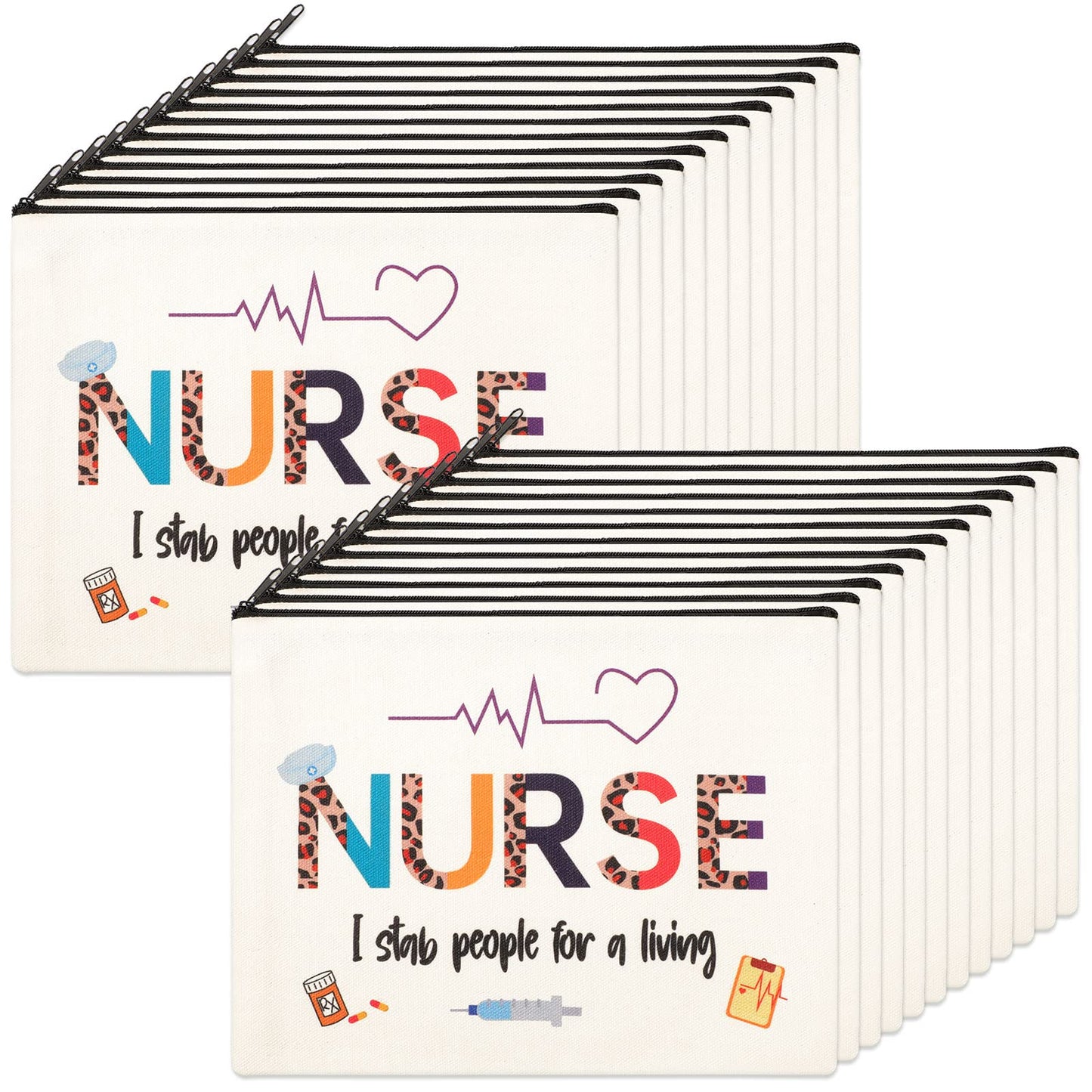 LEIFIDE 24 Pieces Nurse Makeup Bags Nurse Appreciation Gift for Women, Canvas Cosmetic Bag Practitioner(Cute Style)