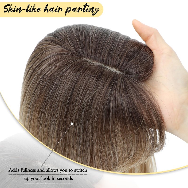 Ms Taj 18 Inch Hair Topper with Clip in Bangs, Synthetic Fluffy 4"x5" Layered Straight Toppers for Women, 360° 3D Cover Bangs Hairpiece for Thinning Hair(Natural Blonde with Dark Root)