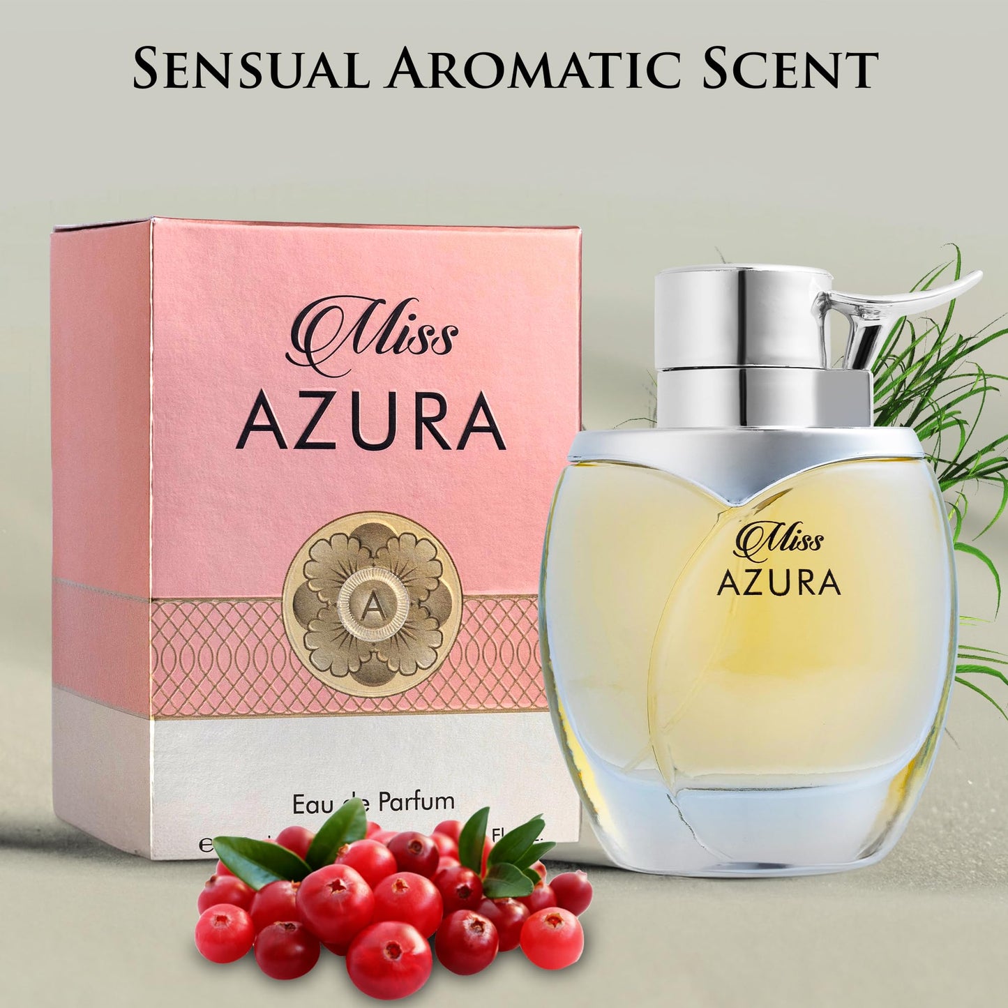 Miss Azura - Top Notes of Ginger Flower, Orange Blossom, Pink Pepper & Pomegranate - Middle Scent of Dulce de Leche & Datura - Base of Tonka Bean, Patchouli & Haitian Vetiver - Elegant 100ml Bottle